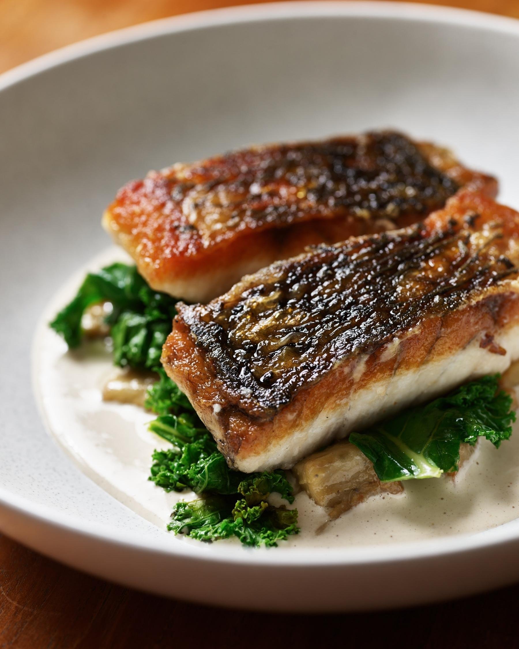 Pan Seared Barramundi with Tahini, Miso Eggplant and Kale